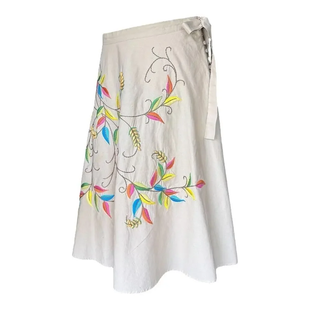 BCBGMAXAZRIA Floral Embroidered Flared A-Line Skirt Tan Neutral 100% Cotton L